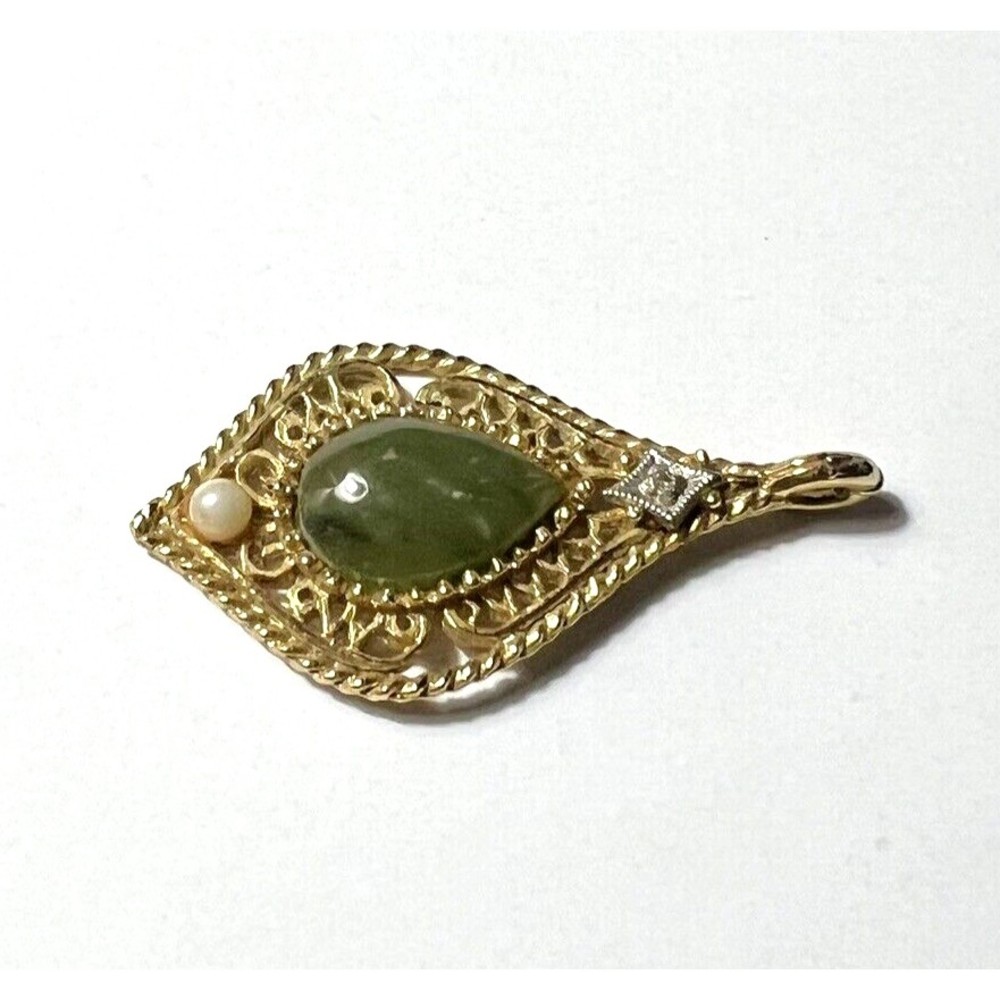 Vtg Jade Diamond and Cultured Pearl Teardrop Gold Tone Pendant Pat Pending - Picture 4 of 6